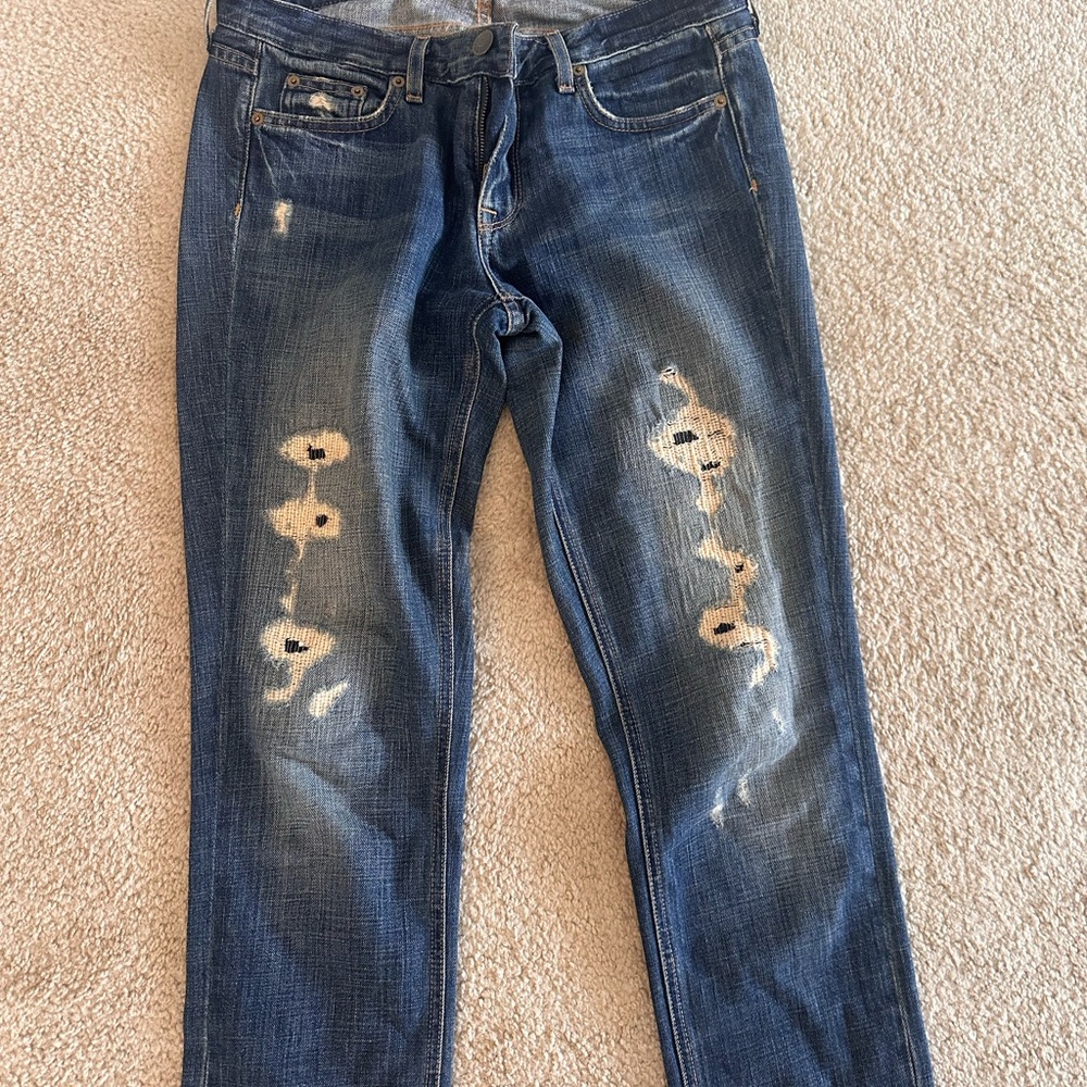 J. Crew Blue Straight Leg Jeans with Distressed Details